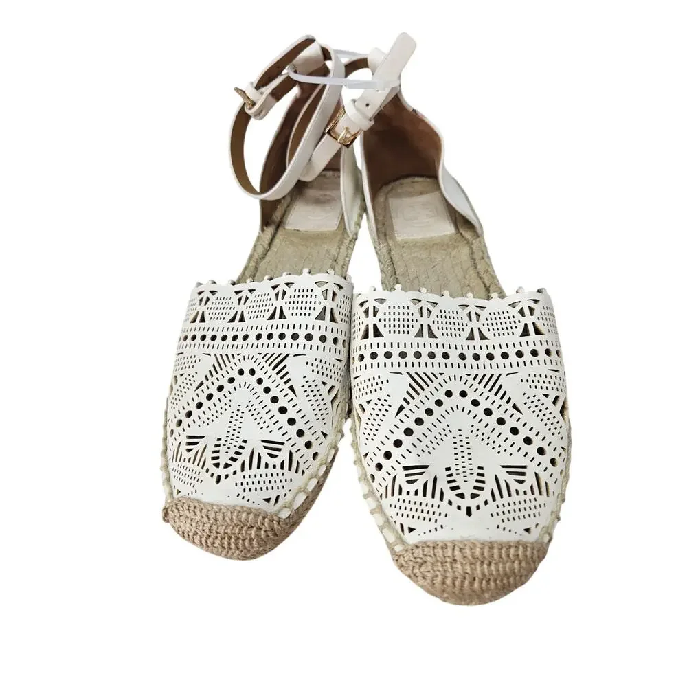 Tory Burch 7 Clarice White Cut Out Espadrille Sandal Boho Coastal Casual Preppy